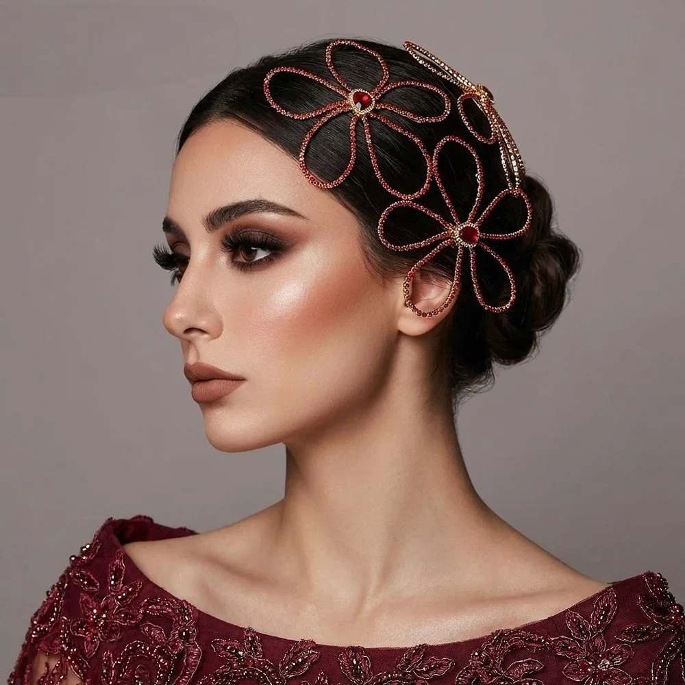 Fairy Red Flower Comb Hairpin Crystal Water Drop Rhinestone Hair Accessory Glitter Luxury Bridal Wedding Hair Ornament