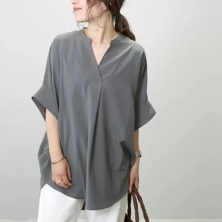 Летние модные женские повседневные однотонные свободные шифоновые рубашки с v-образным вырезом и короткими рукавами в японском корейском стиле, женская одежда