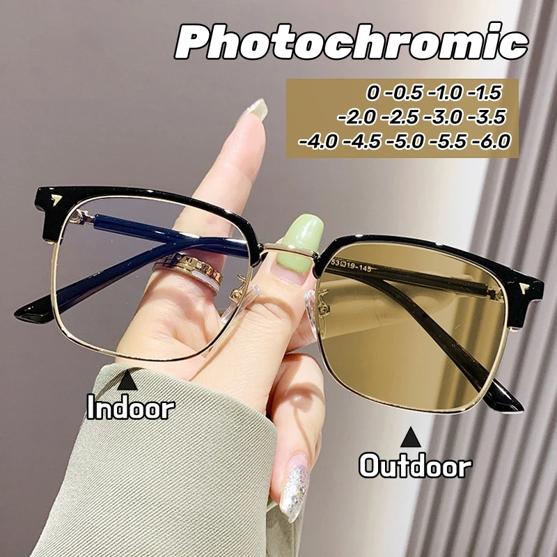 

Vintage Square Anti Blue Ray Smart Photochromic Myopia Glasses for Women Men Short Sight Glasses Minus Diopter Eyewear 0 To -6.0