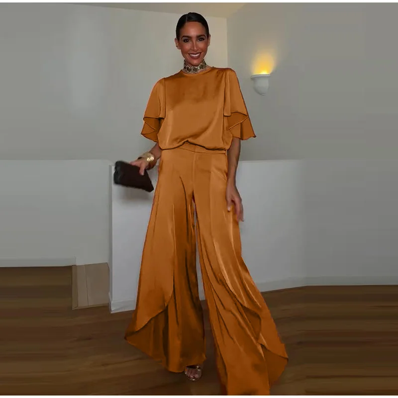 O-Ausschnitt Kurzarm Plissee-Oberteil Hosen-Sets Damen Streetwear Einfarbige Lose Blusen-Oberteile Unregelmäßige Weite Hosen Schicke Damen-Outfits – Detail 5