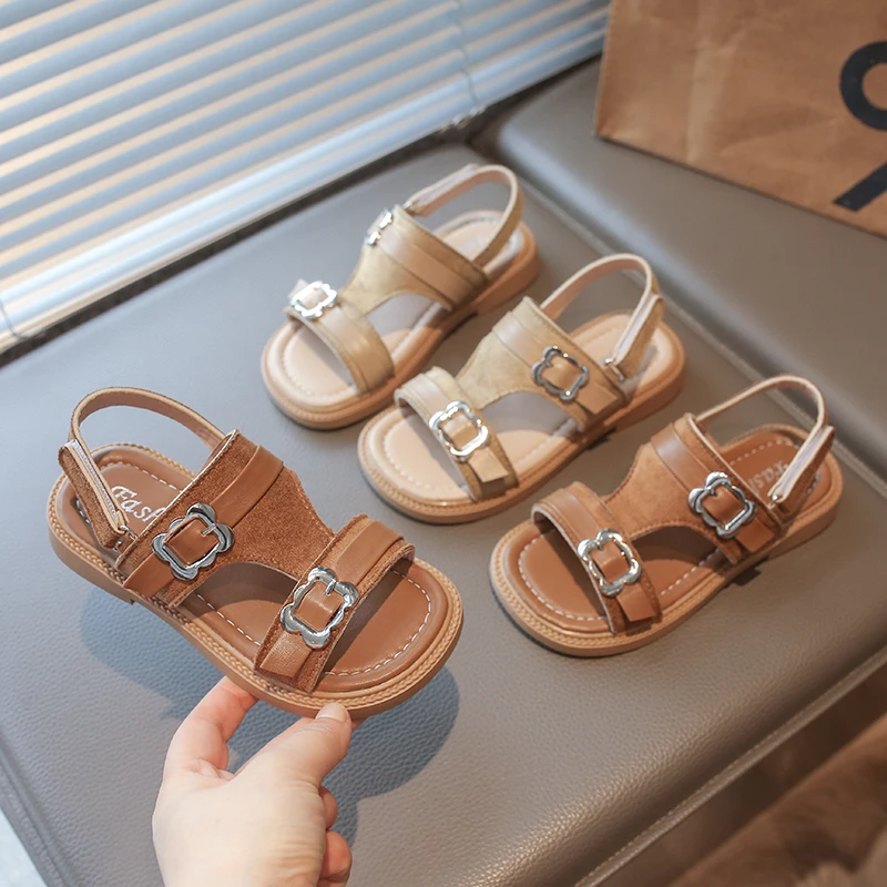 

Girls Retro Double Buckle Flat Sandals Kids Suede & Leather Patchwork Open Toe Summer Shoes Casual Non-slip Sandals Toddler Kid