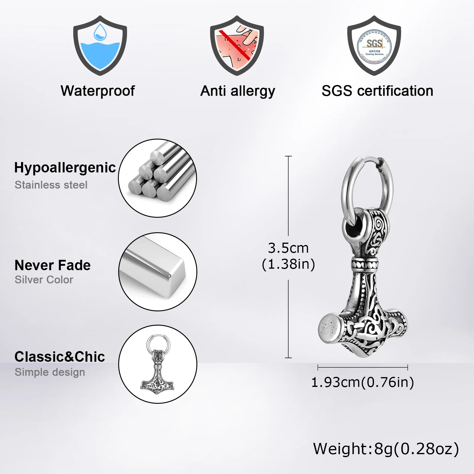 Vnox Heavy Viking Thor\'s Hammer Earrings for Men, Chunky Stainless Steel Punk Rock Earrings Jewelry Gift