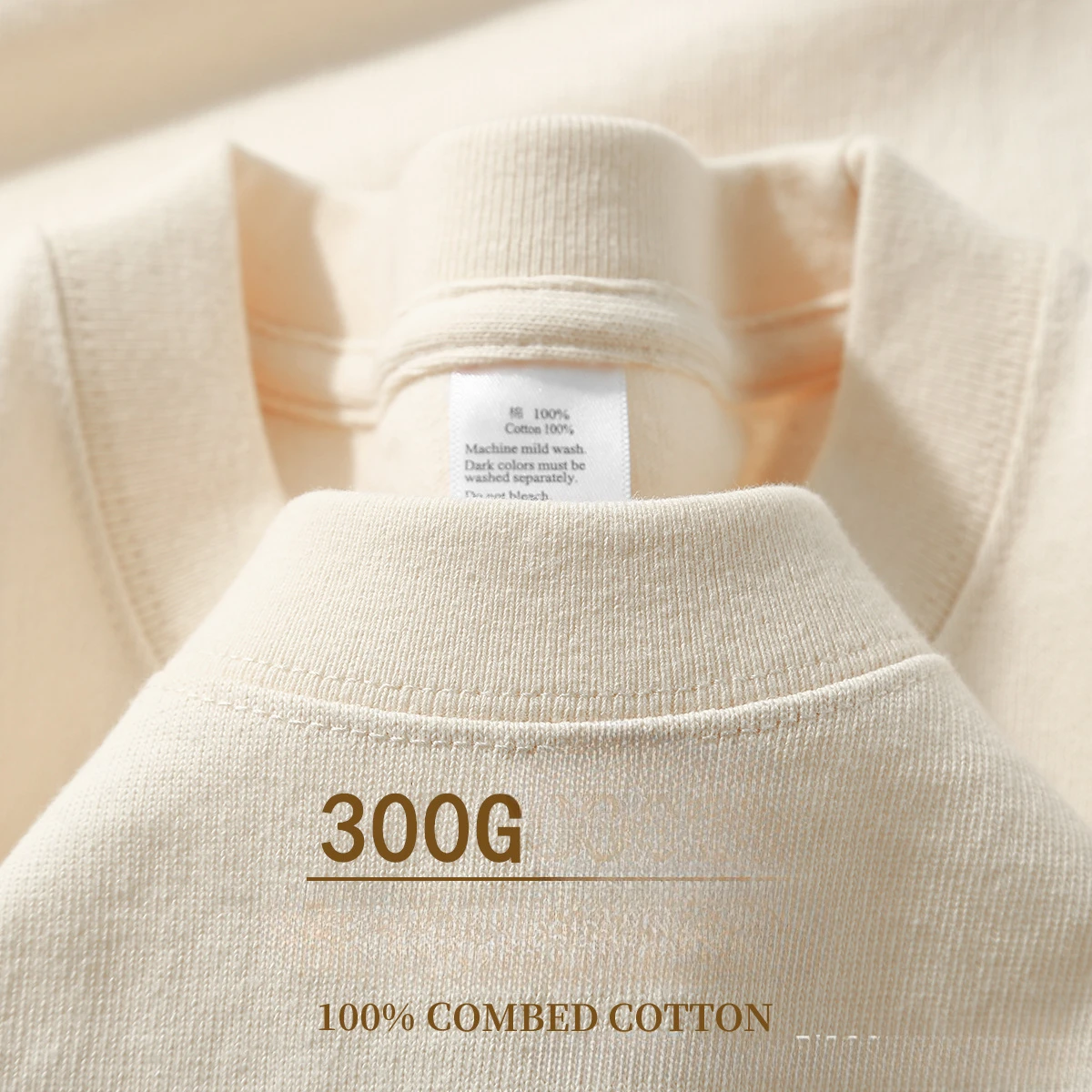 Beige 300 g schweres Baumwoll-Kurzarm-T-Shirt, Sommer-Rundhalsausschnitt, lockeres und basishemd für Männer und Frauen, Basic-T-Shirt