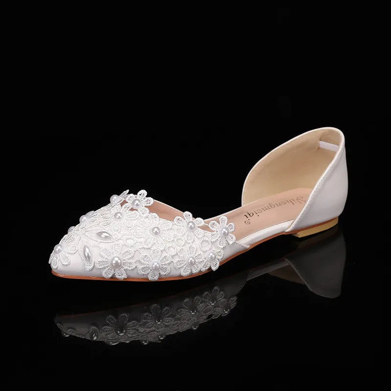 Large Size Flat Lace Wedding Shoes Pointed Toe Casual Flat Fashion White Lace Bridesmaid Shoe White Sandals Shoes