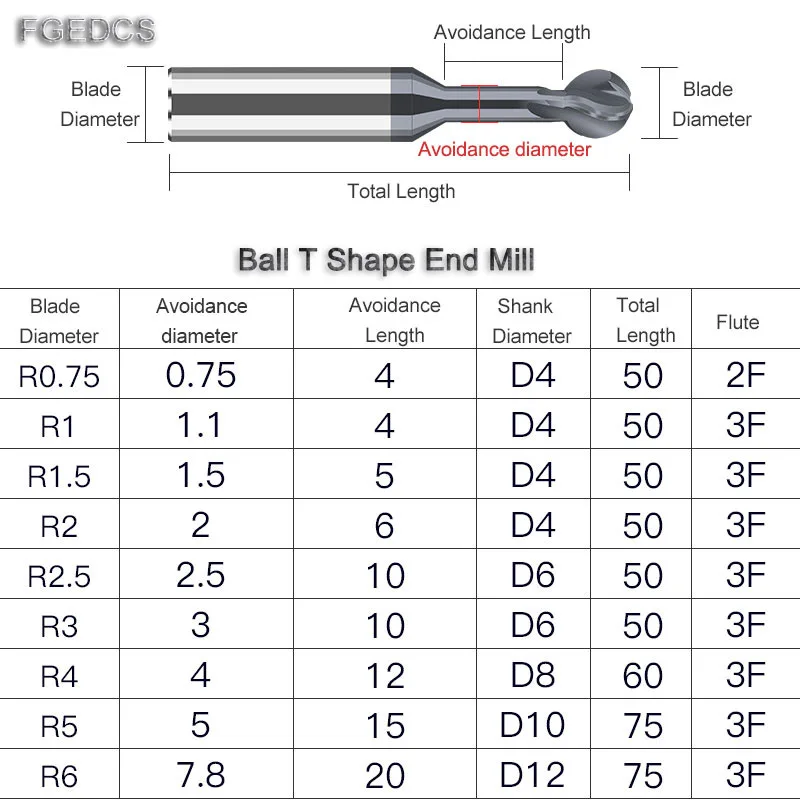 Ball T Shape Cutter Solid Carbide 3D End Mill R0.5 R1 R2 R3 R4 R5 R6 Metal Steel Aluminum Copper Iron lollipop Milling Cutter