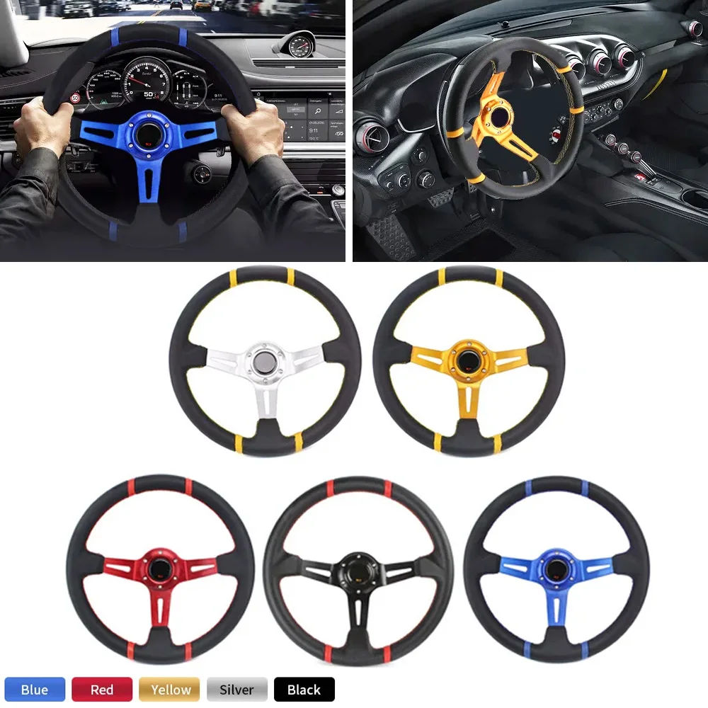 14 inch (350mm) universal racing drift steering wheel leather sport steering wheel with red spokes and logo accessories - view 3