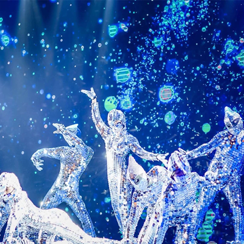 Costume da uomo con specchio argento Costumi di danza laser Uomo Performance commerciale Discoteca Lente con paillettes Tuta Abbigliamento da festa Donna