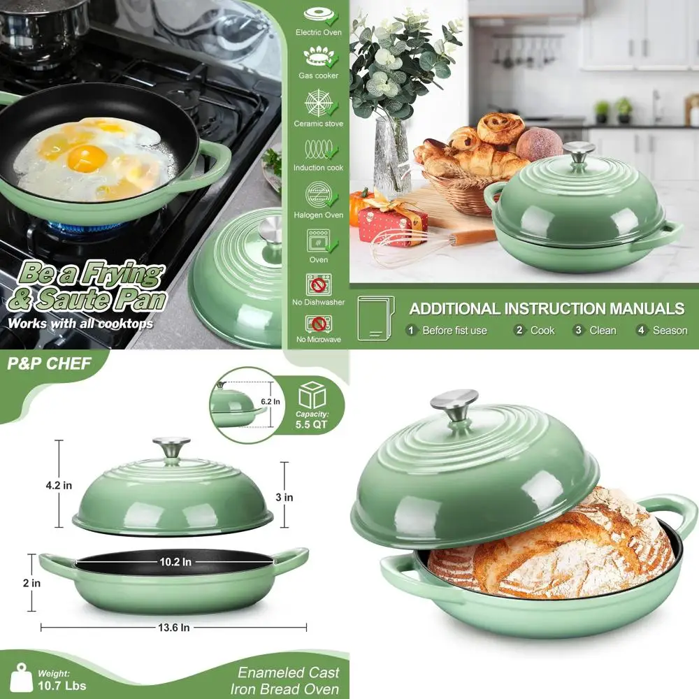 

5.5 Quart Enameled Cast Iron Dutch Oven for Perfect Sourdough Bread, Easy Clean, Pistachio Green