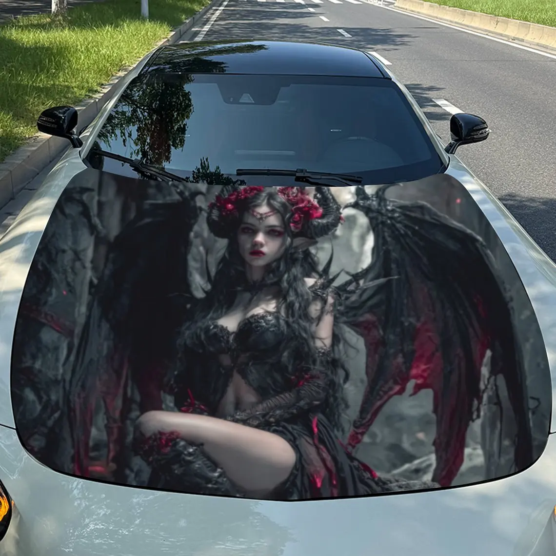 

Red Eyed Sheep Horn Demon Car Hood Decal - Durable PVC Vinyl Wrap For Engine Protection, Stylish Pattern & Bold Design, Perfect