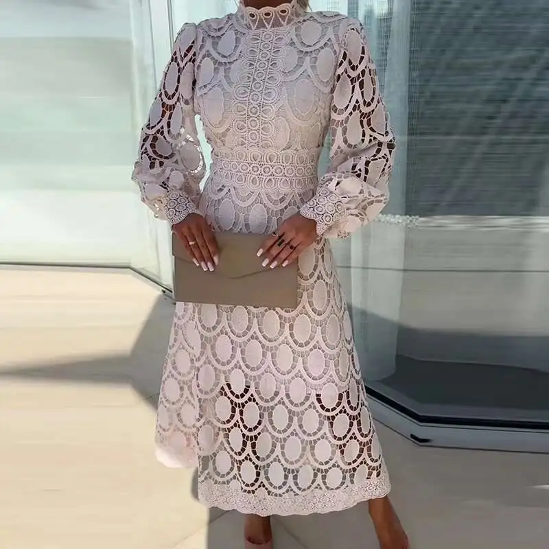 

Fashion Lace Embroidery Long Elegant Half Turtleneck Hollow Out Women Dress New Spring Ladies Lantern Sleeve Party Dresses