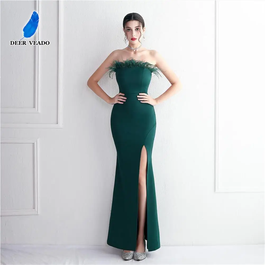 DEERVEADO Evening Dresses Woman Elegant Mermaid Strapless Prom Party Dresses with Feathers Formal Gowns Gala Maxi Dress
