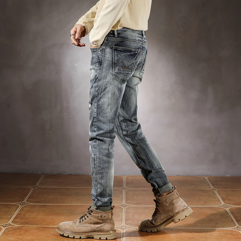 2025 Spring Autumn Trendy Ripped Hole Distressed Washed Denim Jeans for Men American Vintage Casual Slim Fit Stretch Pants