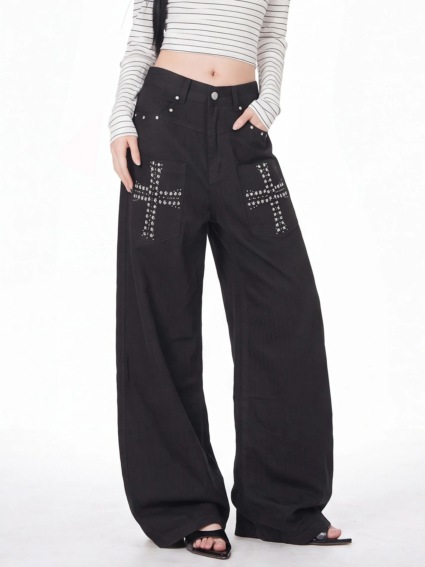 Retro American Water Washed Cross Rivet Wide Leg Pants Women's Loose High Street Workwear Jeans Black Casual Cotton Denim