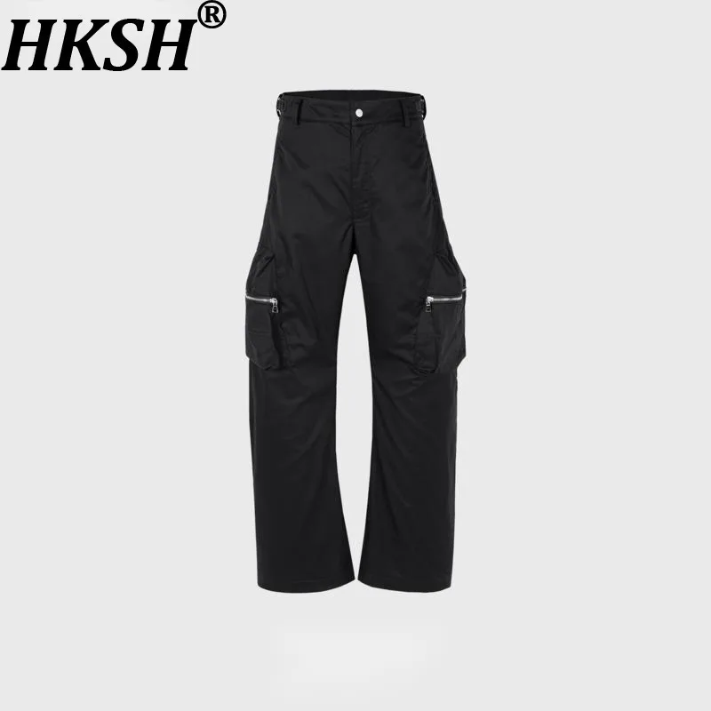 

HKSH весна осень новые мужские стильные сафари повседневные модные трехмерные карманы плиссированные расклешенные брюки-карго в стиле панк HK14248