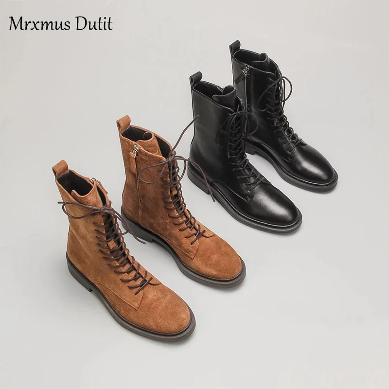 Mrxmus Dutit 2024 Autumn Winter Fashion New Women Genuine Leather Lacing Flat Short Boots Round Head Simple Casual Short Female