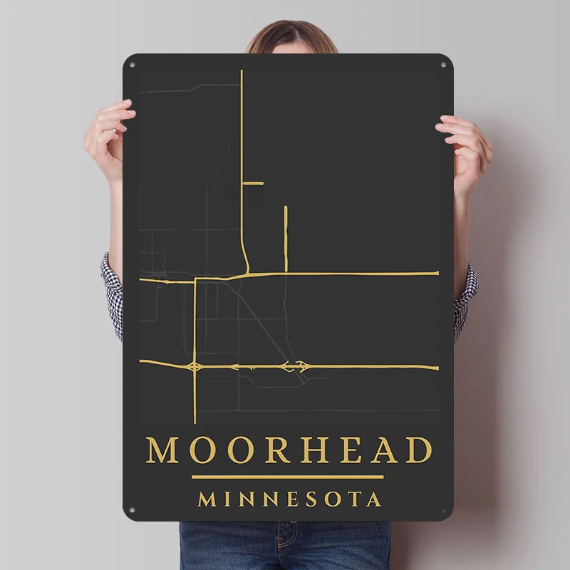 Moorhead Minnesota Minimalist Map Art Tinplate Poster Custom Wall Art Vintage Metal Signs Retro Tin Plaque for Decoration Home