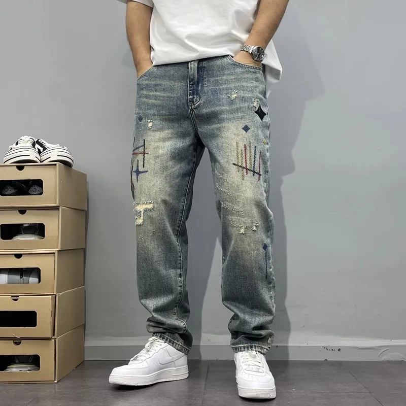 Four Seasons New Fashion Men's American High Street Hole Patched Loose Wide Leg Jeans Pants Vintage Washed Denim Trousers Male