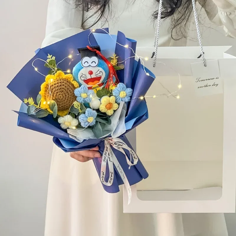 

Doraemon Cute Sunflower Crochet Yarn Bouquet Creative Handmade Simulation Flower Bouquet Artistic Decorative Ornament Home Gift