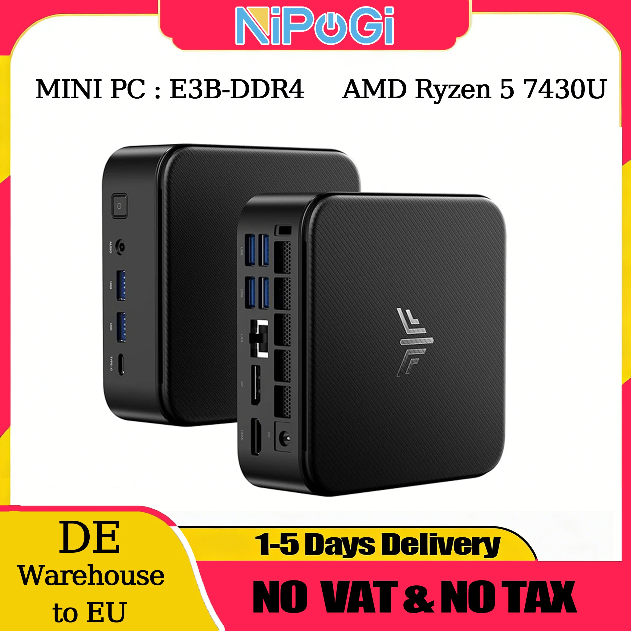 Mini PC NIPOGI con AMD Ryzen 5 7430U, 16GB DDR4, 512GB M.2 SSD, Mini PC para Juegos con USB Tipo-C, Compatible con Triple Pantalla 4K