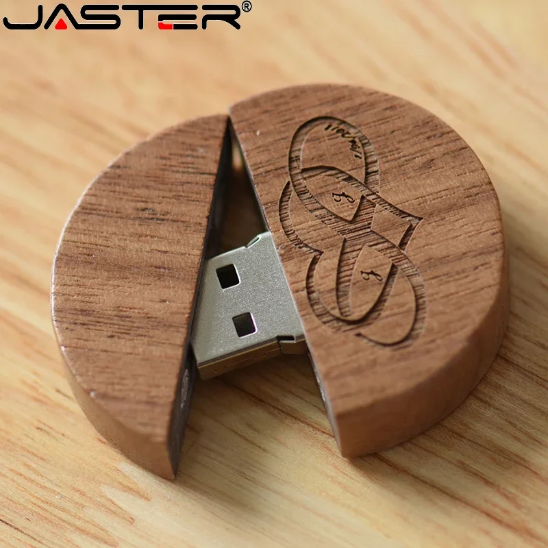 JASTER Round Wooden USB Flash Drive 128GB 10PCS Free custom logo Pen Drive 64GB Keychain Memory Stick Real Capacity Wedding Gift