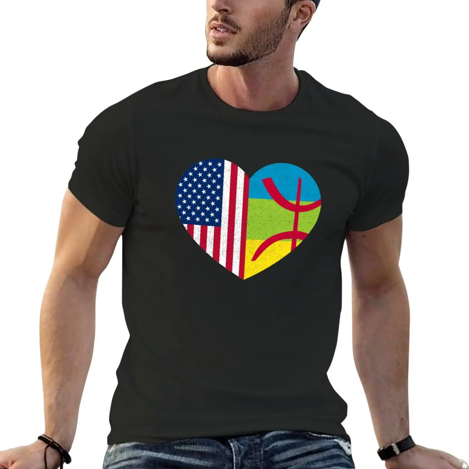 Amazigh Kabyle American Pride Heart Tamazgha USA Flag Gift T-Shirt Koszulka z krótkim rękawem Odzież męska Koszulki męskie wysokiej jakości