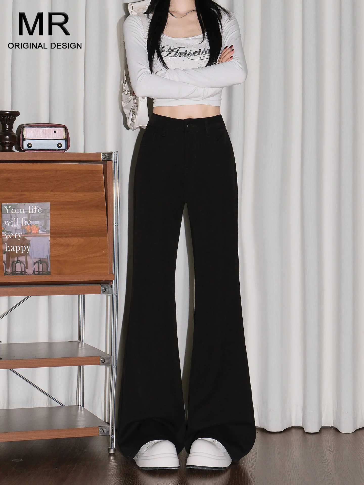 

Black High Elastic American Style Bell Bottom Jeans Women's Spring New Fashion Slimming Long Pants Casual Wear for Young Ladies