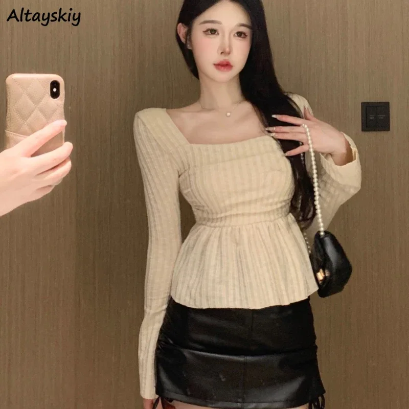 Long Flare Sleeve Basic Pullovers Women Square Collar Slim Pure Pleated All-match Temper Tender Korean Style Hot Sale Autumn