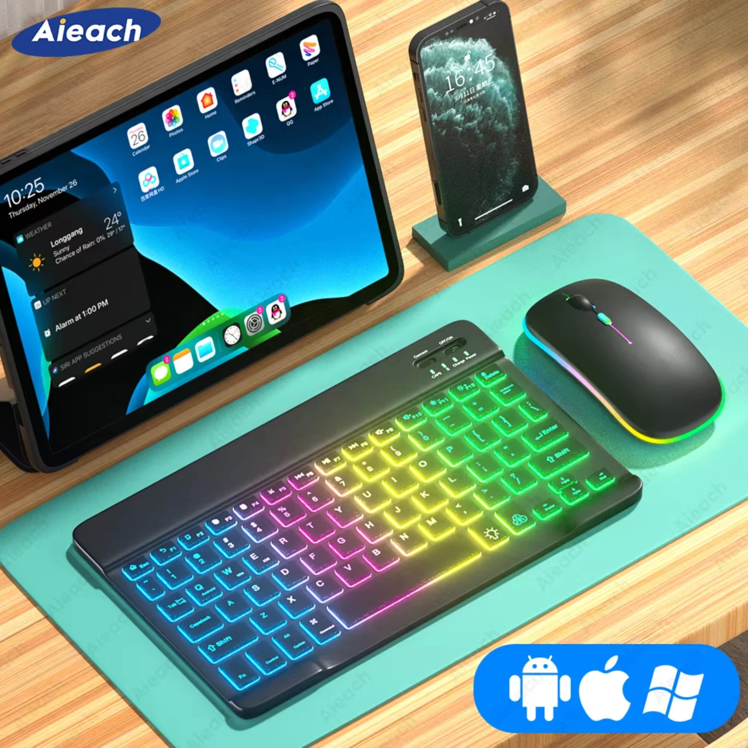 Keyboard  Tablet Android iOS  Wireless Mouse Keyboard Bluetooth-compatible Rainbow Backlit Keyboard   Phone