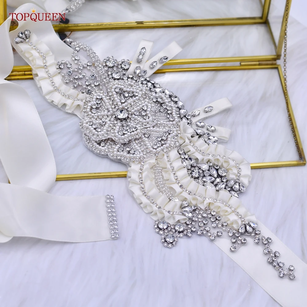 TOPQUEEN S61 Creative Rhinestone Women'S Luxury Brand Belt Handmade Pearl Crystal Ivory Ribbon Fancy Sash Bridal Wedding Accesso