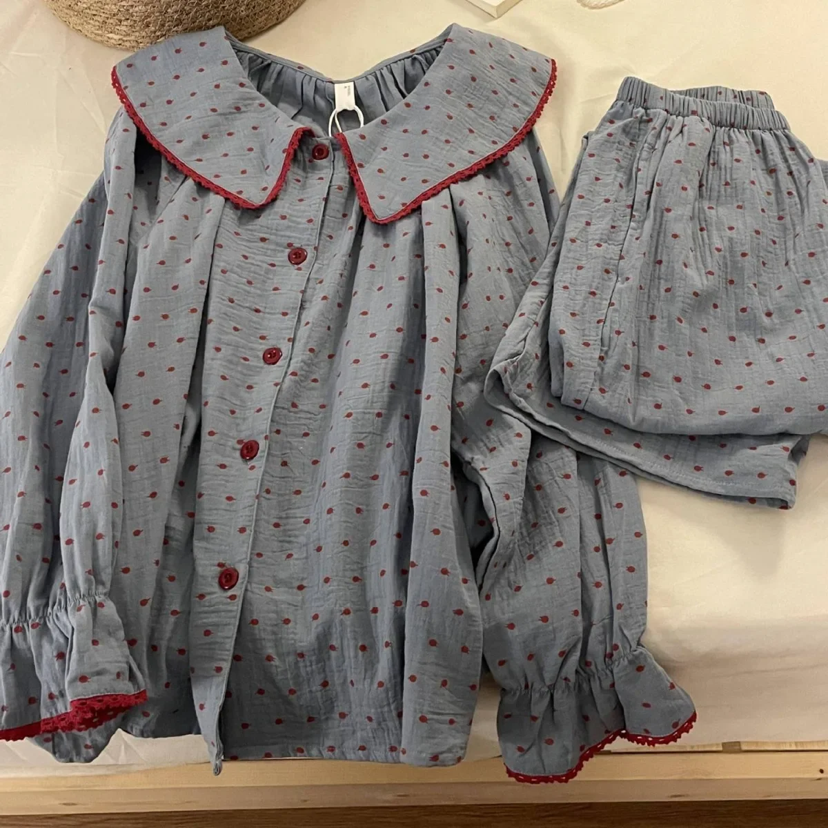 New Korean Style Cute Polka Dot Baby Doll Collar Pajamas Autumn Cloud Cotton Loose Long Sleeves Student Dormitory Home Wear Set
