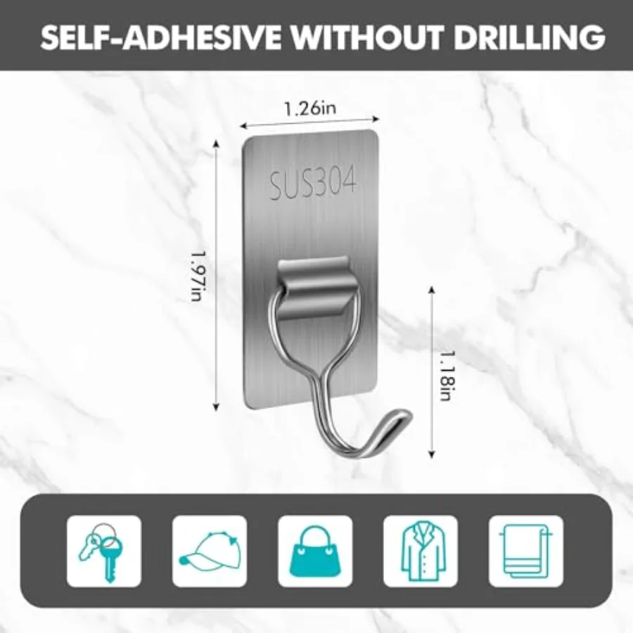 خطاف لاصق للتعليق 8 خطاف منشفة من الفولاذ المقاوم للصدأ خطافات جدارية مقاومة للماء لاصقة للحمام والمطبخ والمكتب 6 عبوات 180 متر