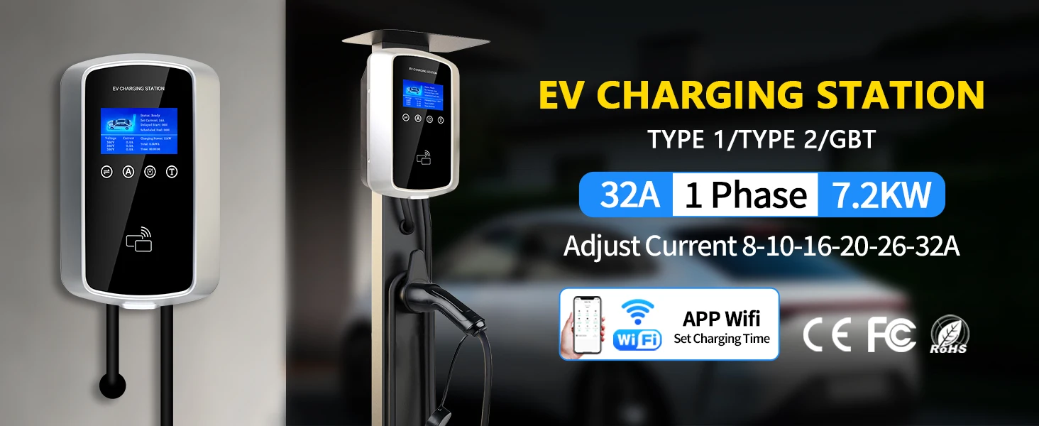 Kolanky EV Ladegerät 32A 22KW Elektrofahrzeug Auto Ladegerät EVSE Wallbox Timer 11KW 7,2KW Typ2 IEC62196-2 Steckdose Tuya APP Steuerung – Detail 1