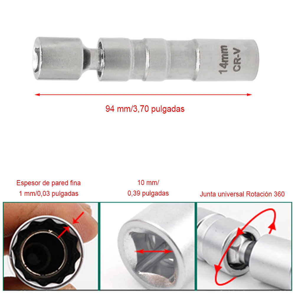 14/16mm Set Spark Plug Socket Wrench Adapter Universal Joint with Magnetic Flexible Socket Thin Wall 3/8