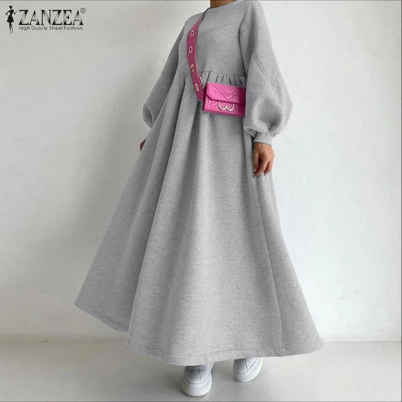 

Женское осеннее платье-свитшот ZANZEA 2026: модное, повседневное, однотонное, макси, с длинными рукавами-фонариками, свободного кроя, с круглым вырезом, женское платье-роба