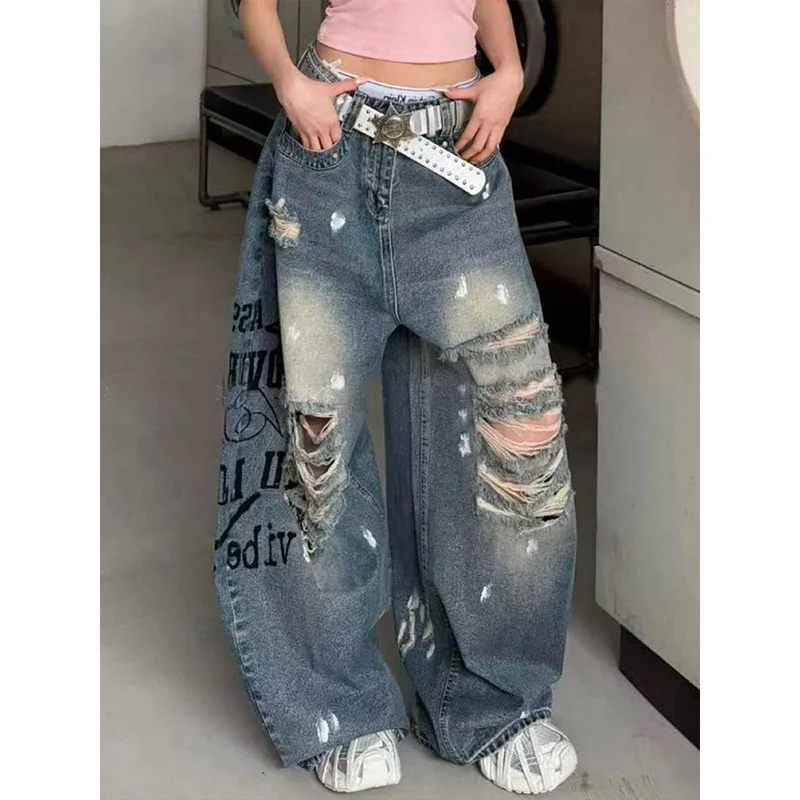 

YIBASHU Women Blue Gothic Emo Y2k Ripped Jeans Japandi Style Oversize Grunge Jean Pants Vintage Harajuku Denim Trousers Clothes