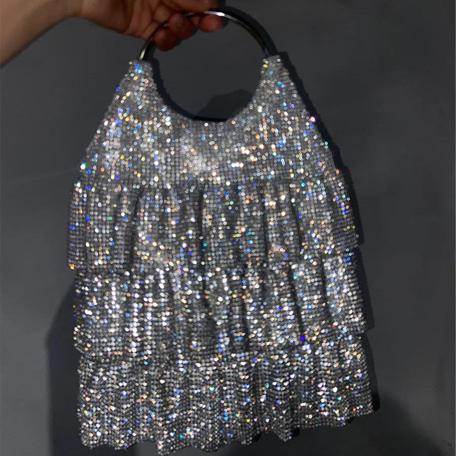 Popular Pleated Skirt Rhinestone Clutch Bag Water Diamond Shining Luxury Handle Totes Designer Falbala Metal Handle Hand Bags