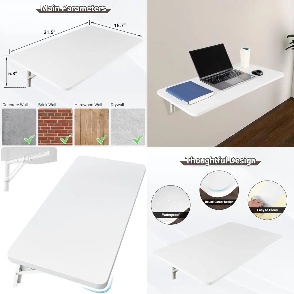 

Space-Saving Wall-Mounted Folding Table: 31.5L x 15.7W, White, Heavy Duty Metal Brackets for Laundry and Desk Use