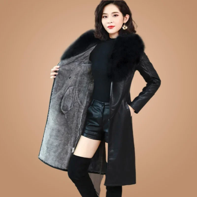 

Autumn Winter Women Leather Coat New Thick Warm Long Leather Windbreaker Female Add Velvet Faux Fur Leather Jacket Black Brown