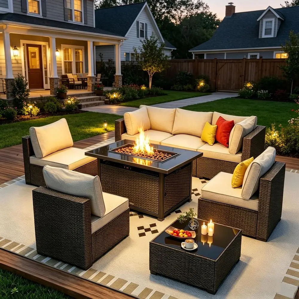 

Pcs Patio Furniture Set with 43 Brown Fire Pit Table Wicker Outdoor Sectional Sofa, Conversation Set Perfect for Backyard, Gard