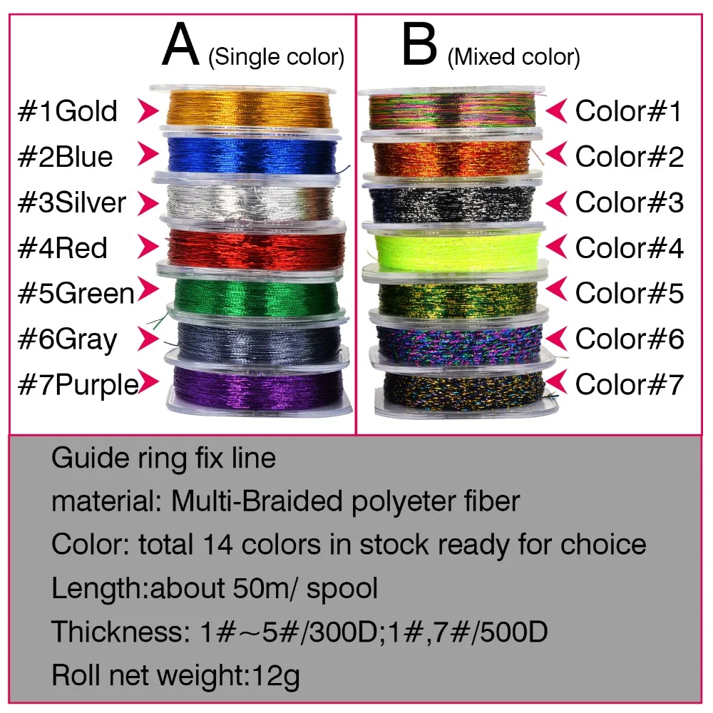 MNFT 7Pcs Rod Building Wrapping Thread Set DIY Fishing Line Guide Ring Eyelet Fixing 14 Colors Bright Metallic Flash for Fishing view 2