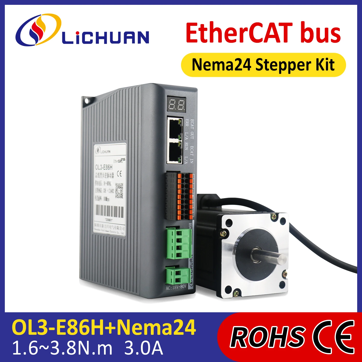 Lichuan DC24～110V/AC18～80V 3A Stepper Motor Controller 1.6/2.1/2.5/3.1/3.5/3.8N.m 2Phase Nema24 Open Loop Stepper Motor Drivers