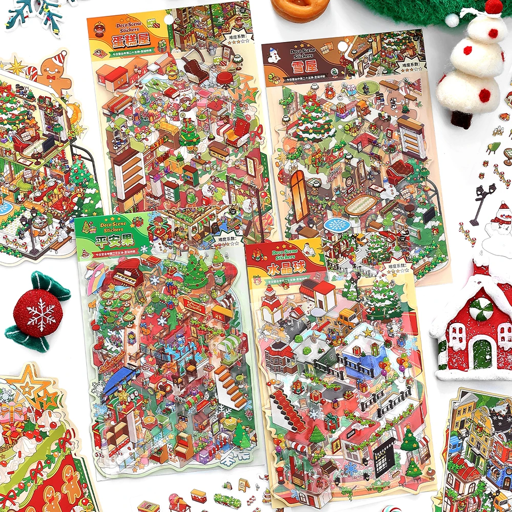 Card Lover 3 Pcs [Christmas Special Series] Waterproof 3D Landscape Stickers Cake House Christmas Apple Simple Style Journaling