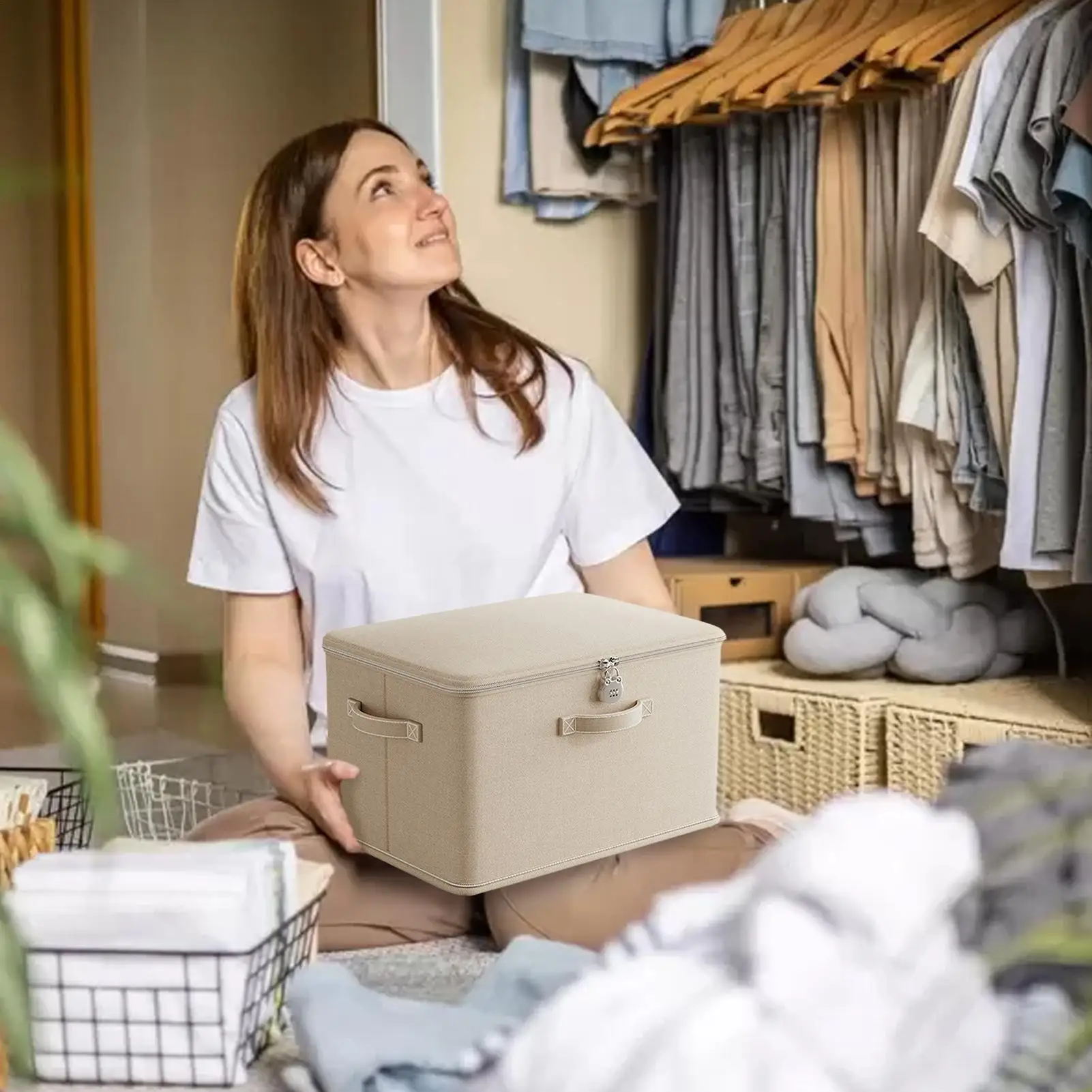 صندوق تخزين قابل للقفل، حاوية قابلة للتكديس مقاومة للرائحة مع مقبض، سلال رف قابلة للغسل لألعاب الملابس والبطانية وتنظيم المنزل #3