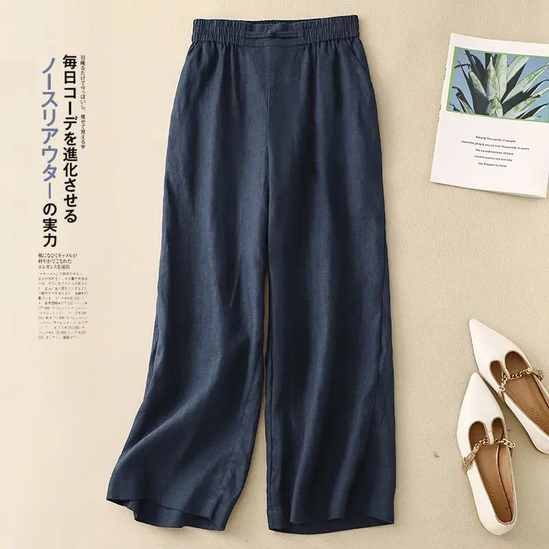 

New Chinese Style Buttoned Cotton and Linen Wide Leg Women's 2024 Summer New Commuting 9-point Loose Fitting Straight Leg Pants