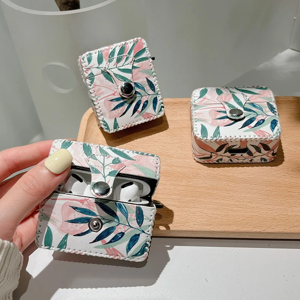 Custodia per auricolari in pelle di lusso per AirPods 3 2 Pro morbida rosa tulipano foglie fiori copertura quadrata per scatola di ricarica per cuffie Air Pods