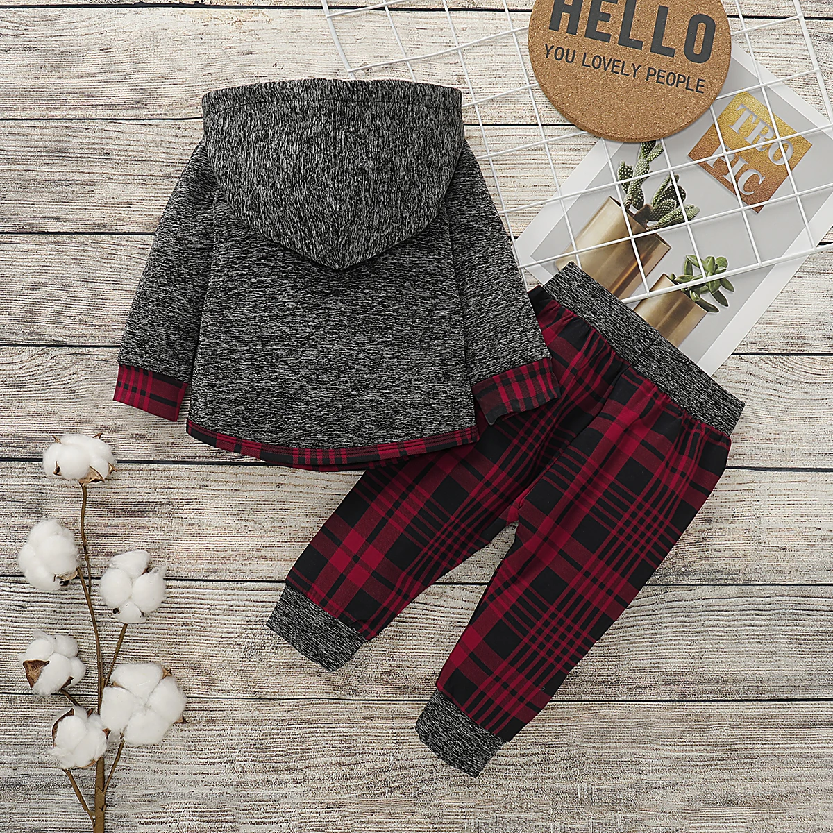 2PCS Baby Boys Casual Cute Stitching Long Sleeve Hooded Sweatshirt & Plaid Pants Set With Red Plaid Print For Autumn And Spring