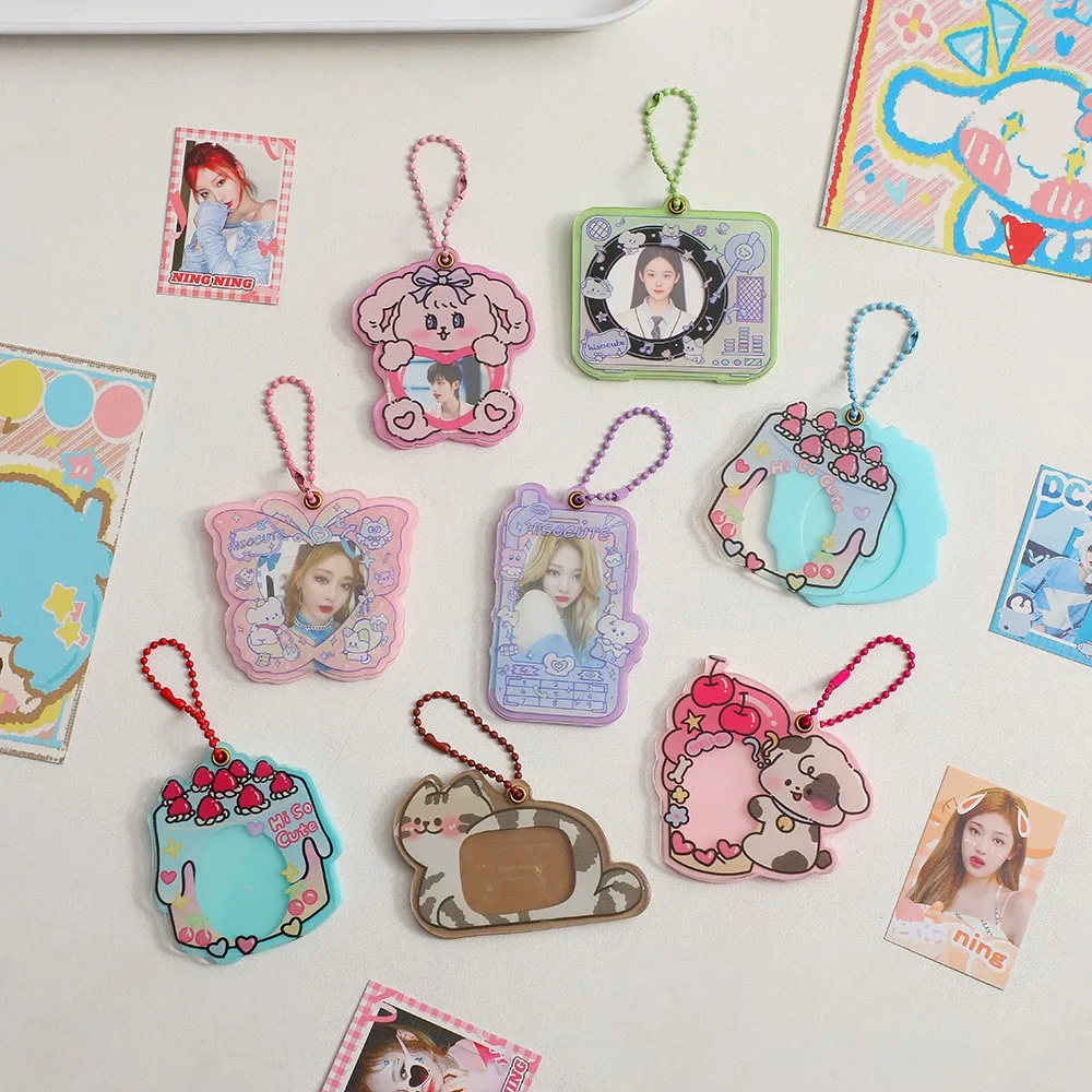 Kawaii 1Inch Acrylic Cake Cat Butterfly Kpop Photocard Holder Photo Card Holder Bag Pendant School Stationery