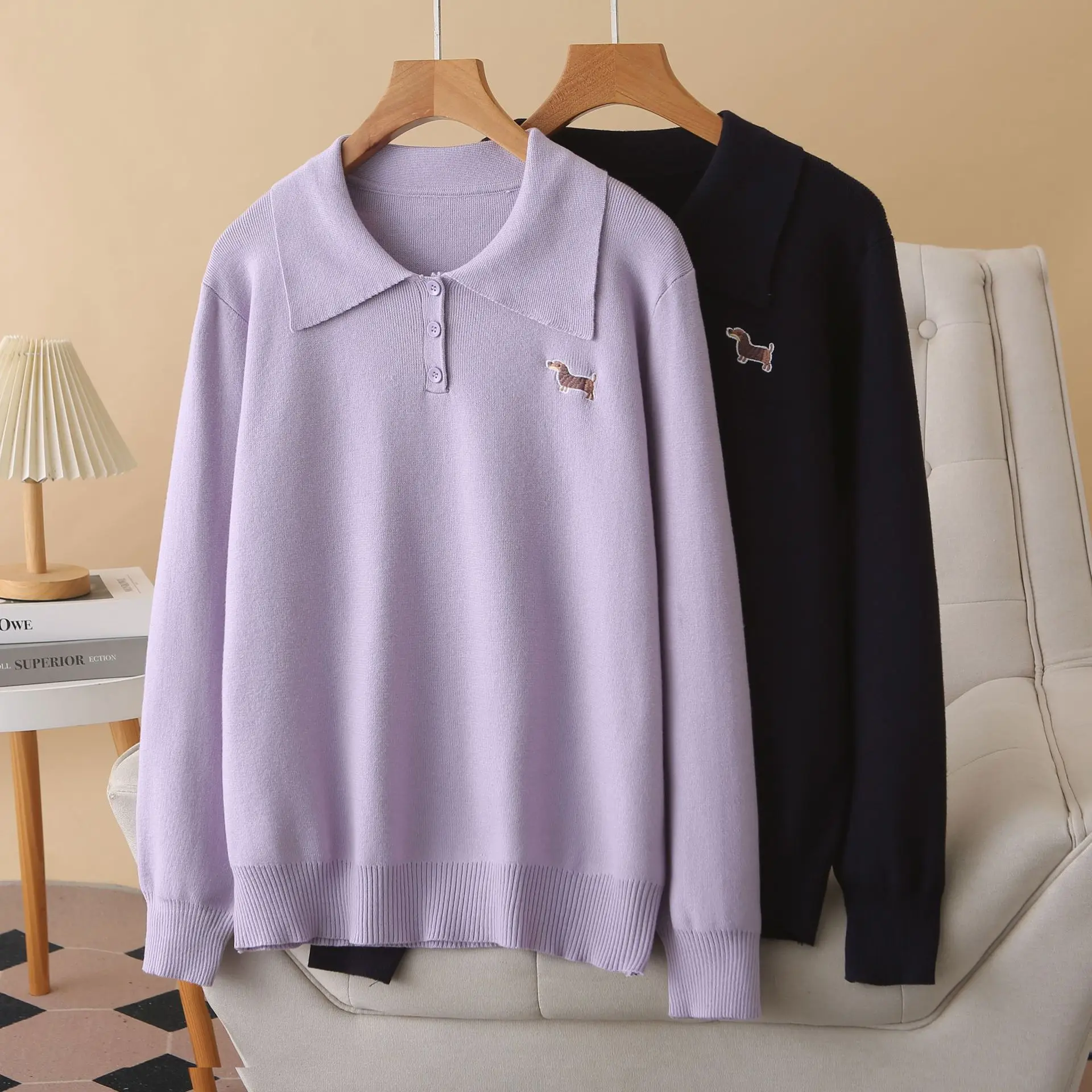 

XXXXL модная женская одежда больших размеров, свитера, осень-зима, свежие и милые вязаные пуловеры с вышитыми лацканами для щенков 536