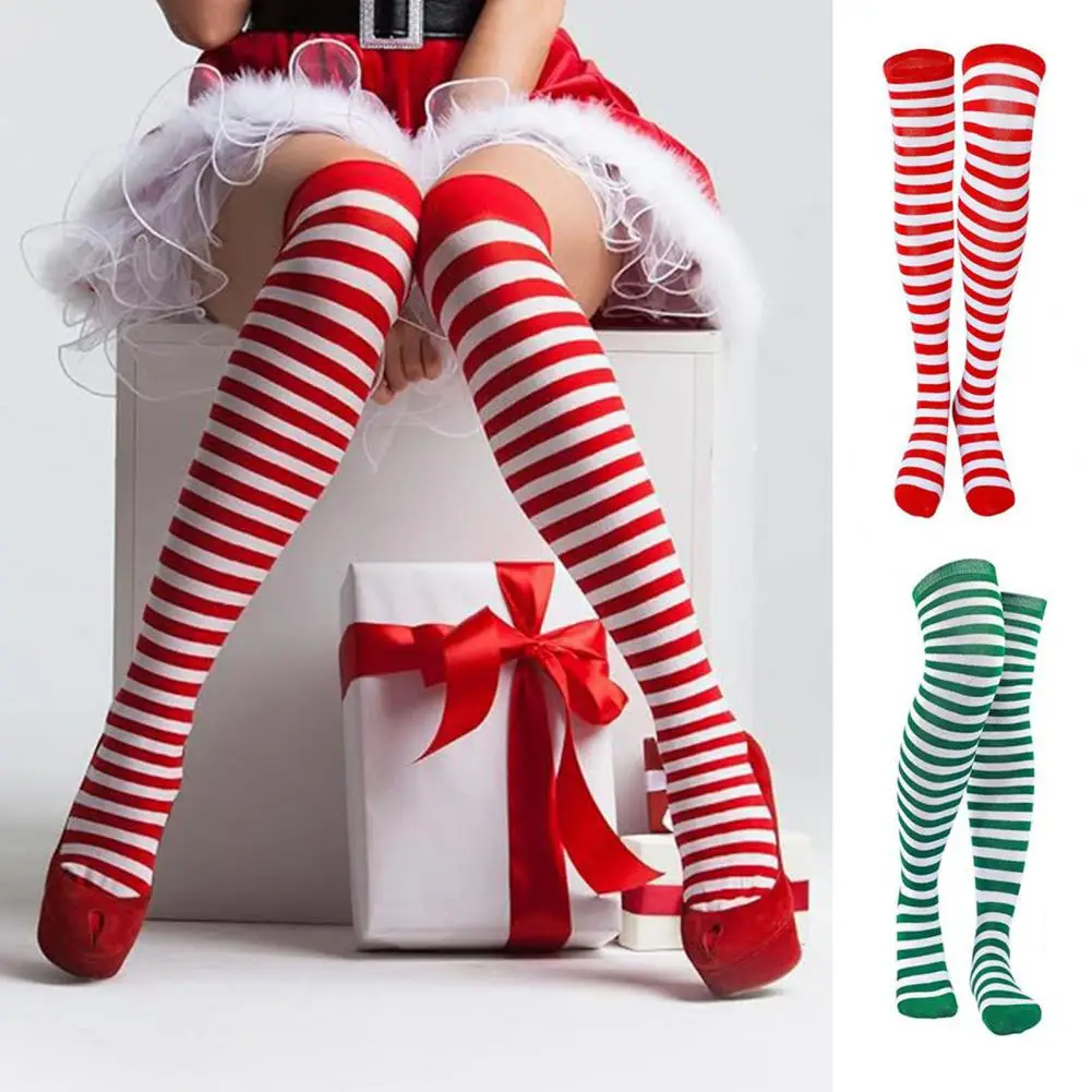 Contrast Color Stockings 3 Pairs Green White Striped Stockings with High Elasticity for Holiday Christmas Stage Performance