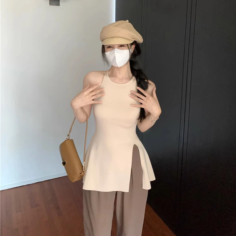 Haut Sexy Fendu pour Femme, Camisole, Blouse Fine, T-shirt Sans Manches, Design Précieux, Été